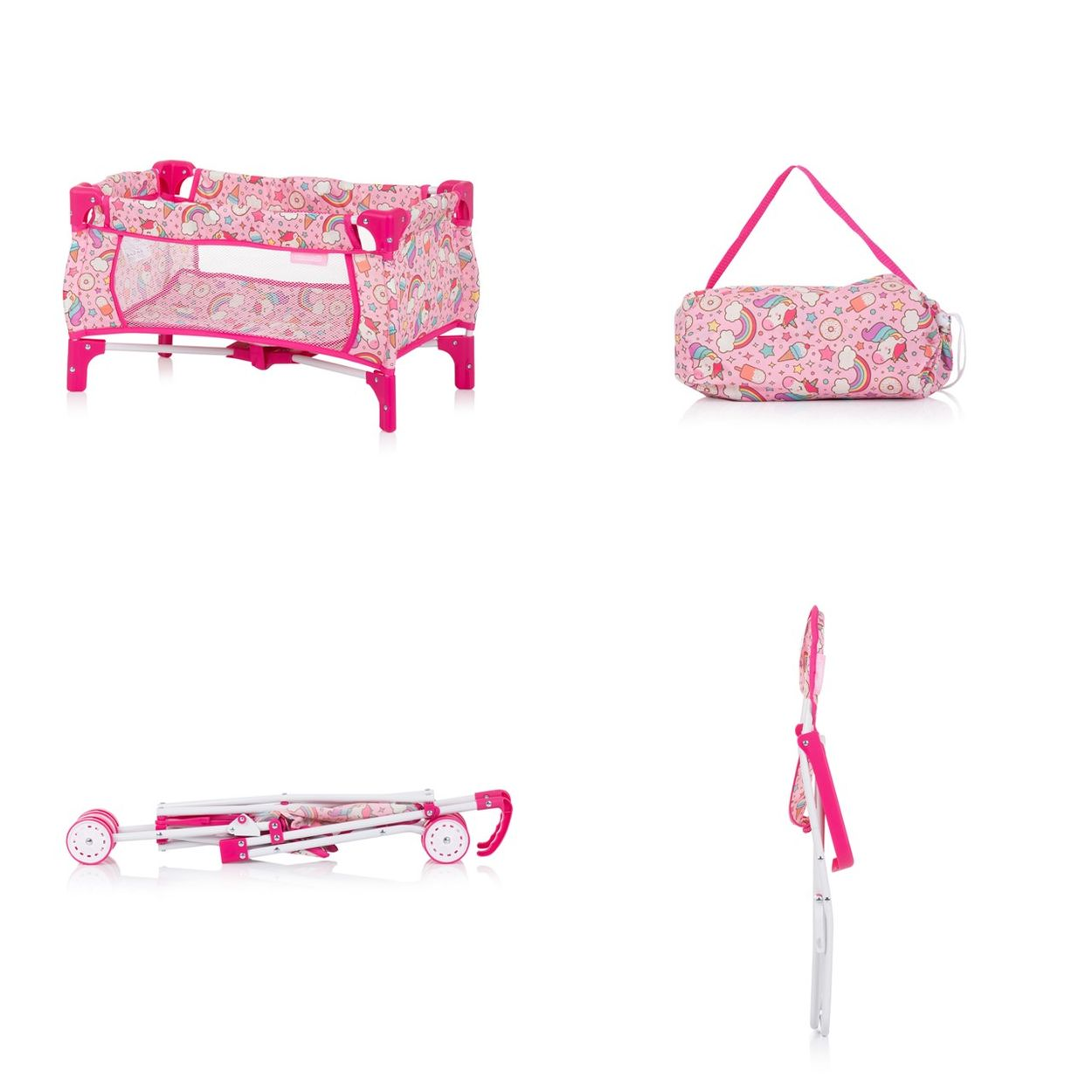 Rosa Puppenreisebett mit Einhorn-Muster, zusammengeklappt, in Tasche und von der Seite.