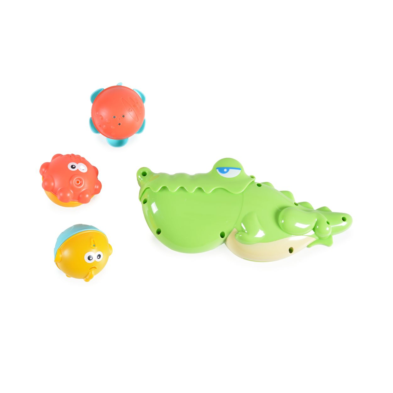 Ein großes grünes Alligator-Wasserspielzeug mit drei kleineren bunten Spritzspielzeugen auf weißem Hintergrund.