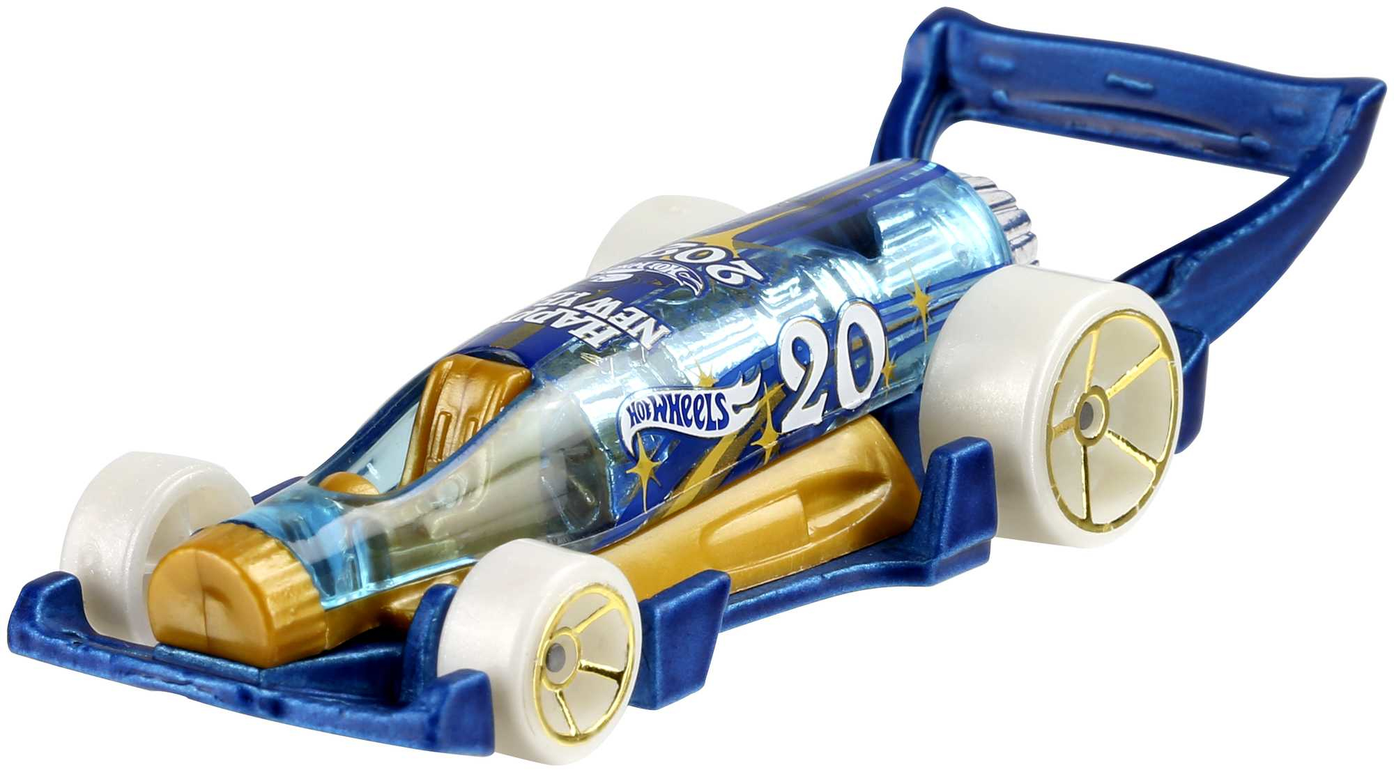 Ein blaues Hot Wheels Spielzeugauto mit transparentem Gehäuse, weißen Rädern und goldfarbenen Akzenten.
