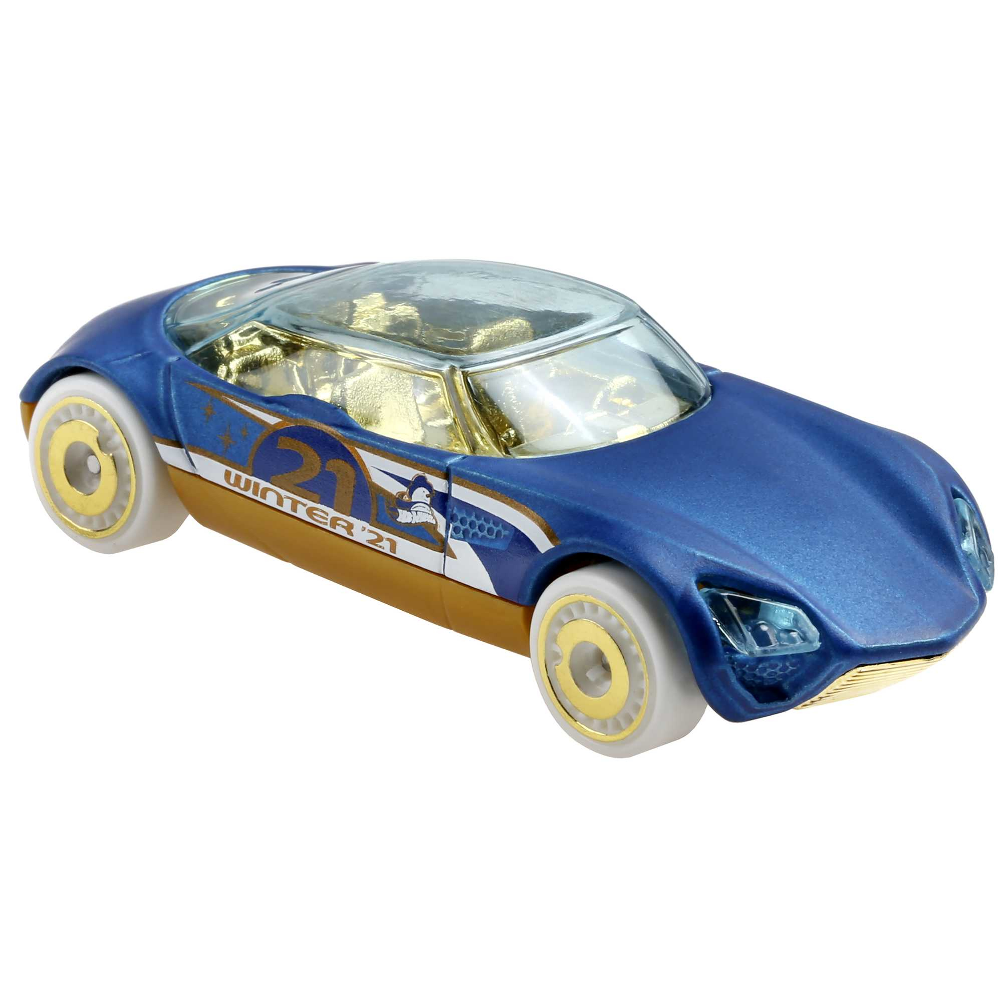 Ein blaues Spielzeugauto mit goldener Unterseite, weißen Reifen und der Aufschrift WINTER 21 auf der Seite.