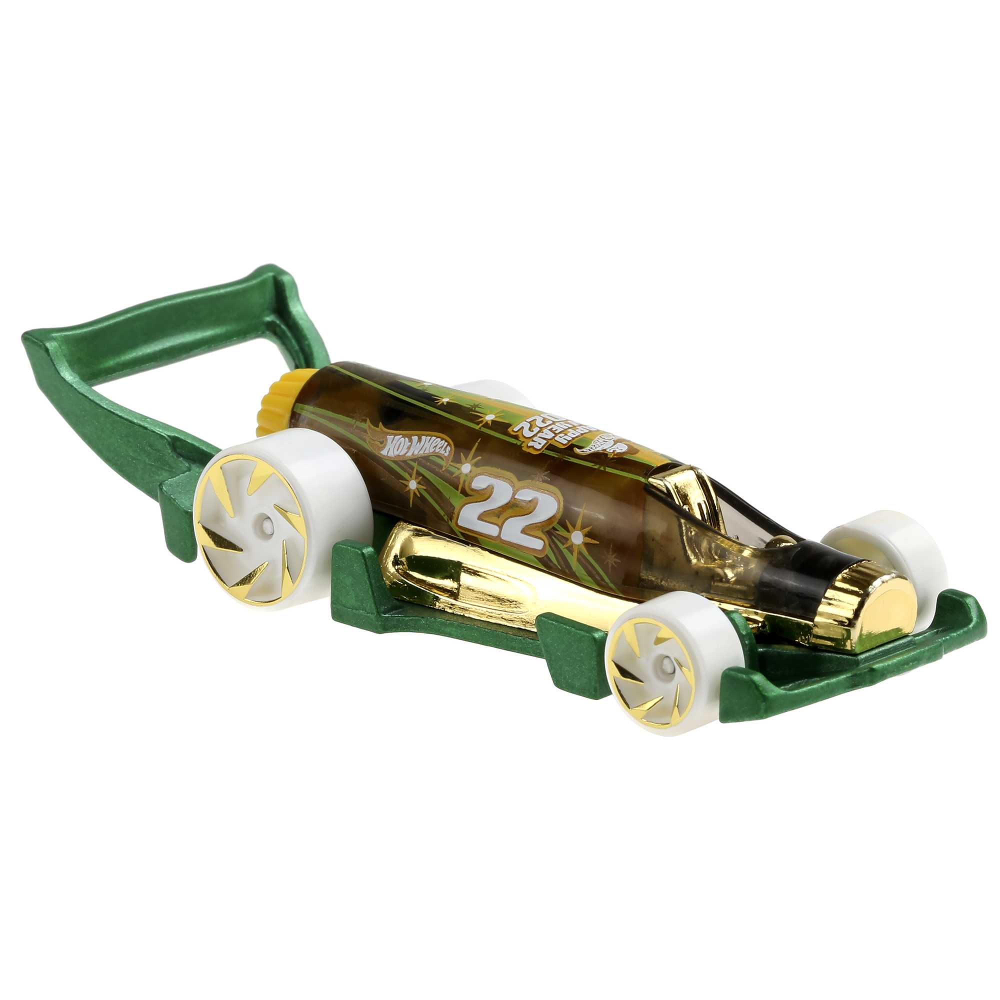 Ein grün-goldenes Hot Wheels Spielzeugauto in Flaschenform, mit der Aufschrift 22, weißen Rädern und grünem Rahmen.