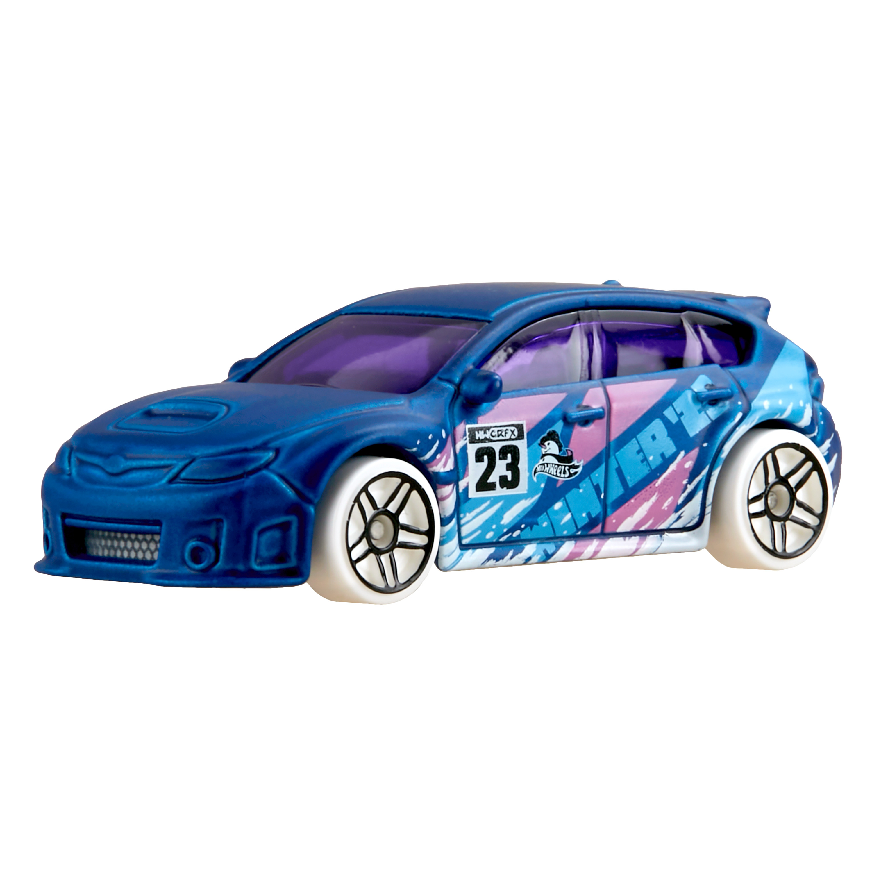 Ein blaues Spielzeugauto mit der Nummer 23, weißen Felgen und pinken sowie blauen Seitenakzenten.