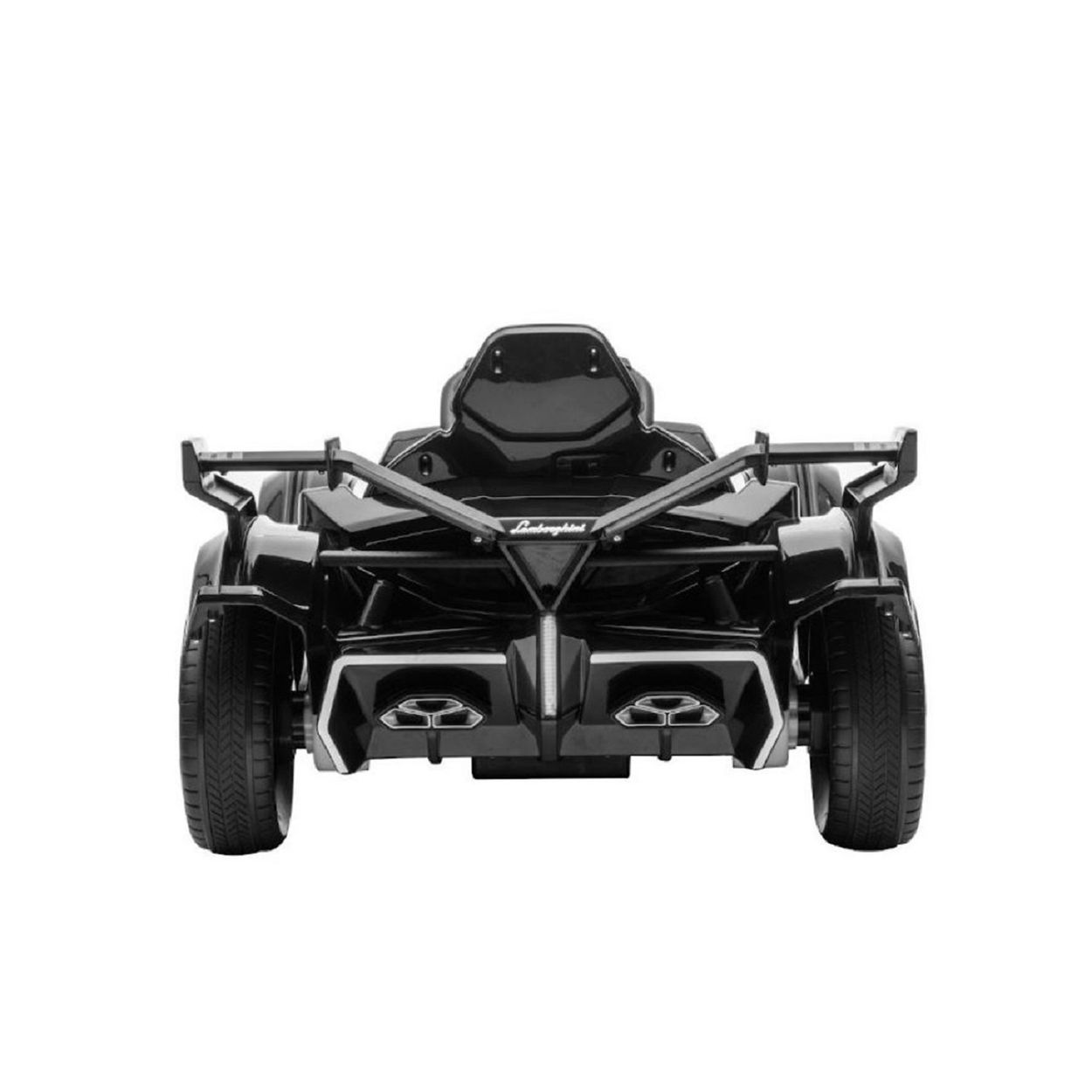 Rückansicht eines schwarzen Lamborghini-Spielzeugautos mit markantem Heckspoiler und Doppelrohrauspuff auf weißem Grund.