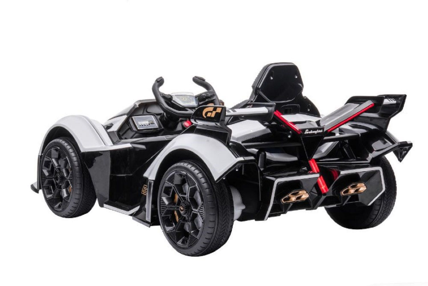 Ein schwarzes und weißes Kinder-Elektroauto in Sportwagen-Optik auf weißem Grund.