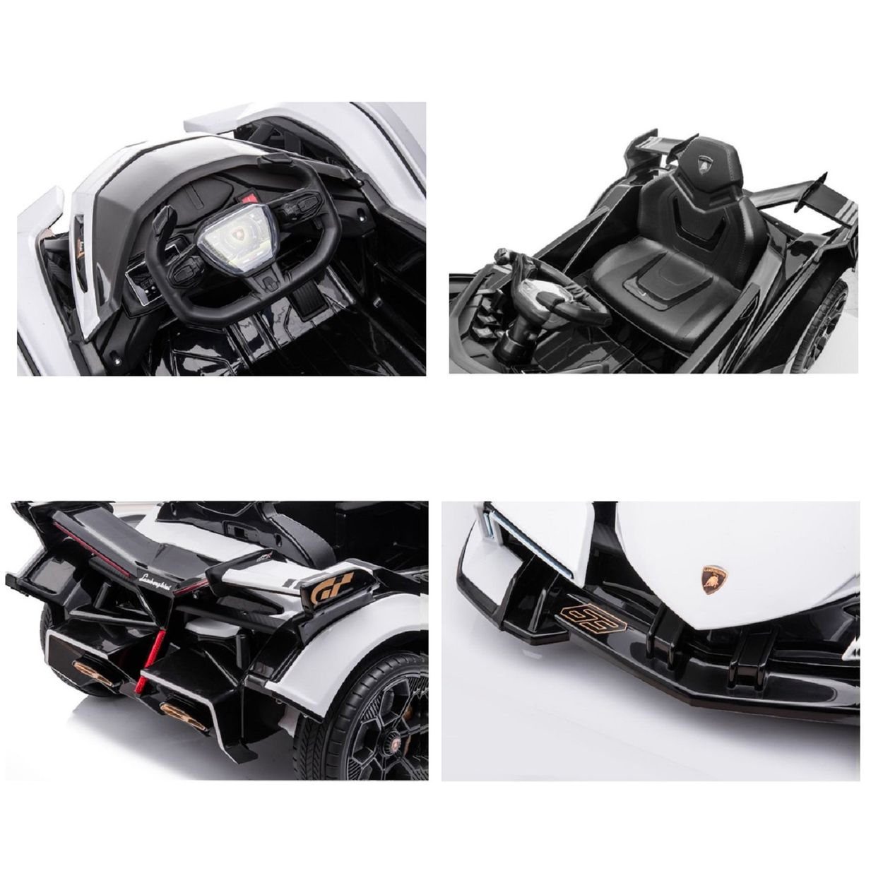 Vier Detailansichten eines weißen und schwarzen Kinder-Elektroautos im Lamborghini-Design mit Lenkrad, Sitz und Spoiler.