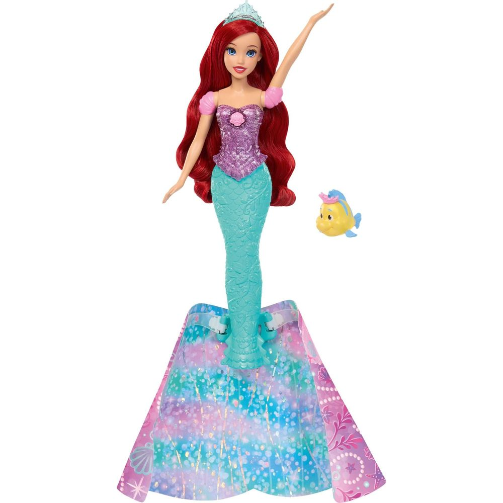 Arielle-Meerjungfrau-Puppe mit rotem Haar, funkelndem lila Oberteil, türkiser Schwanzflosse und kleinem Fischfigur.