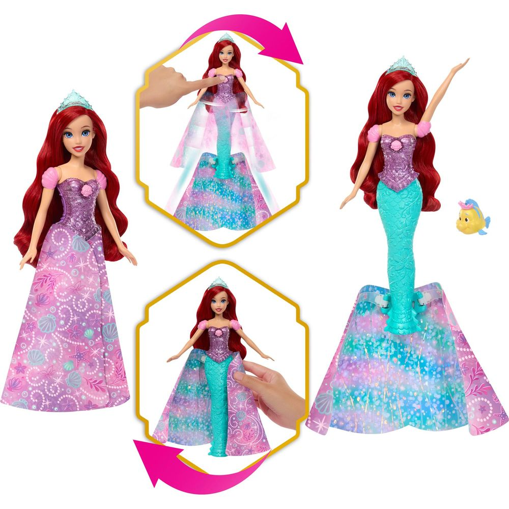 Arielle-Puppe verwandelt sich von einem pinken Kleid in einen türkisenen Meerjungfrauenschwanz mit kleiner Figur.
