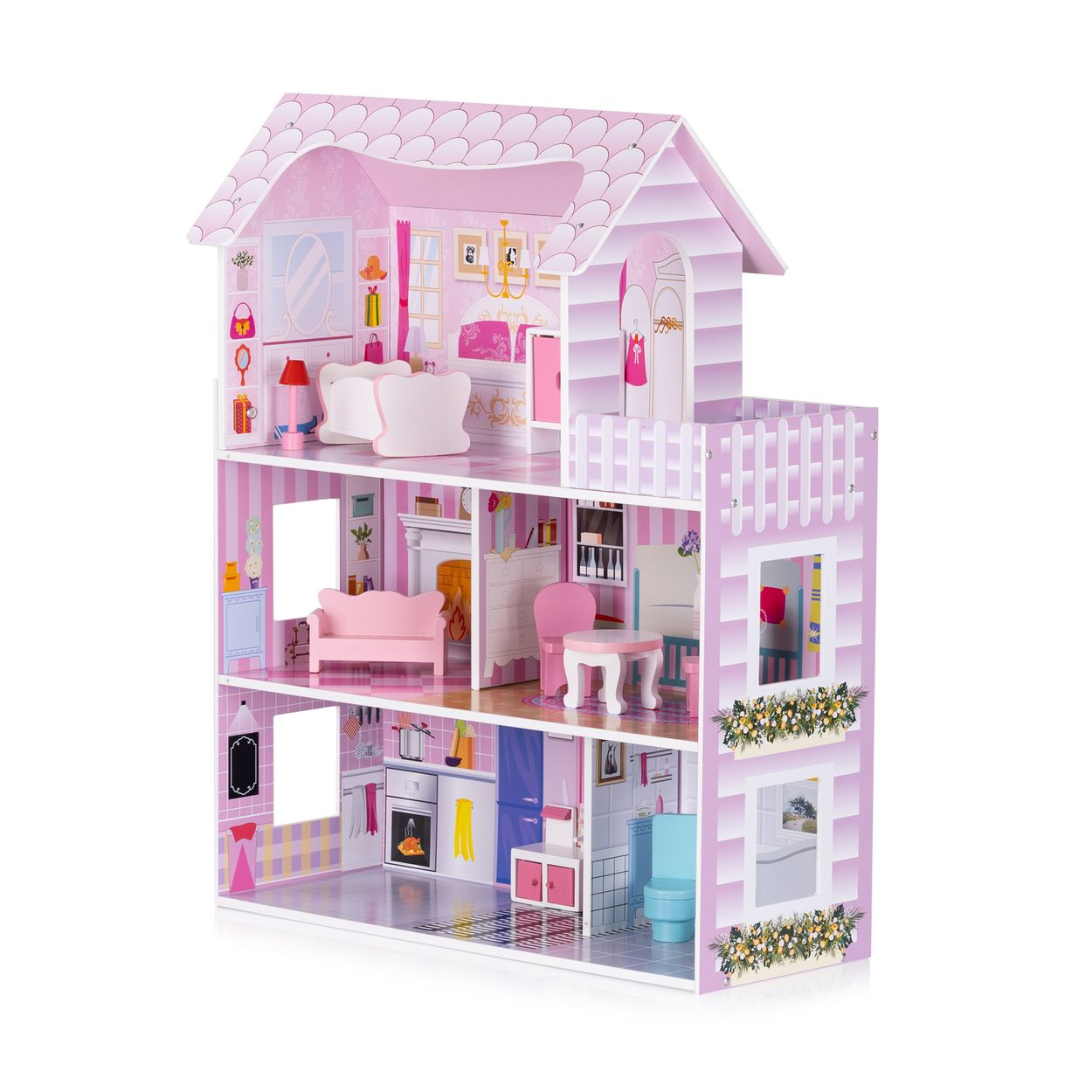 Ein großes, dreistöckiges Puppenhaus aus Holz in Rosa und Weiß mit verschiedenen möblierten Räumen und einer Terrasse.