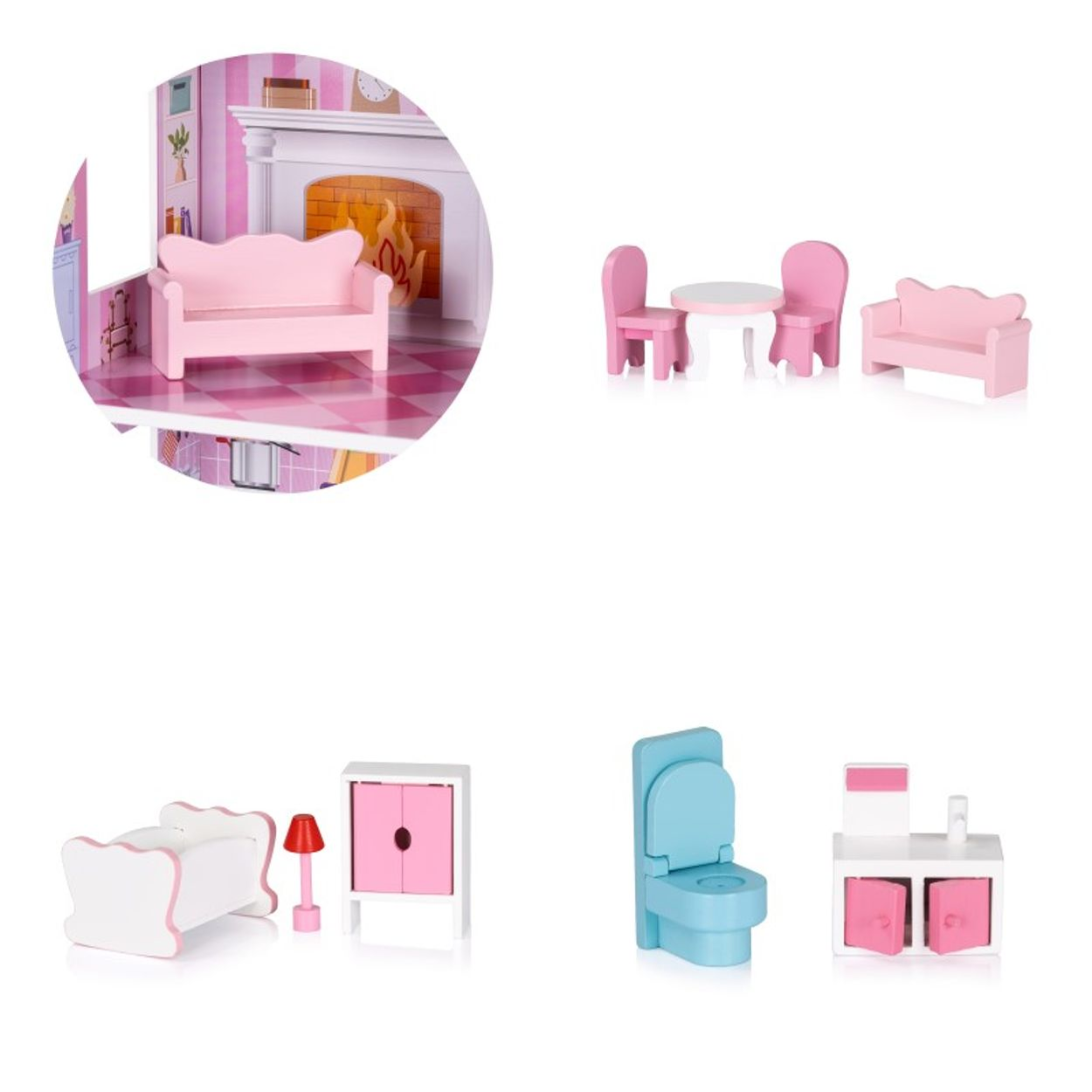 Holzpuppenmöbel in Pink und Weiß, darunter Stühle, Tisch, Bett, Toilette und Schränke, mit einer Puppenstube im Hintergrund.