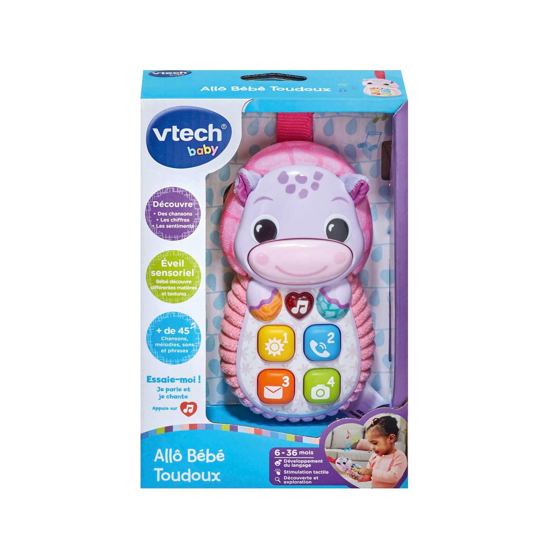 Teléfono de juguete para bebés VTech con diseño de animal de peluche morado y botones numéricos.