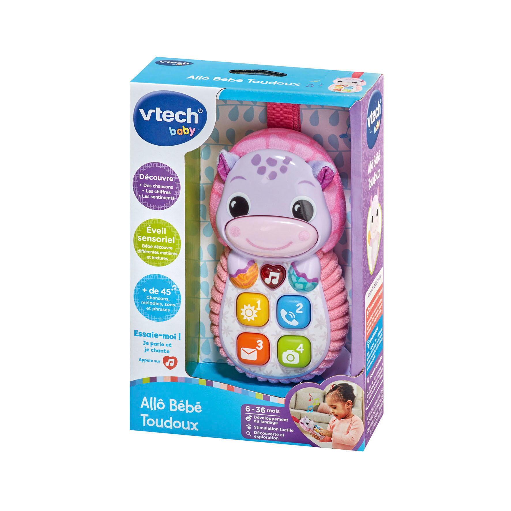 Teléfono de juguete de peluche VTech Baby Toudoux en caja azul y morada con botones de colores.