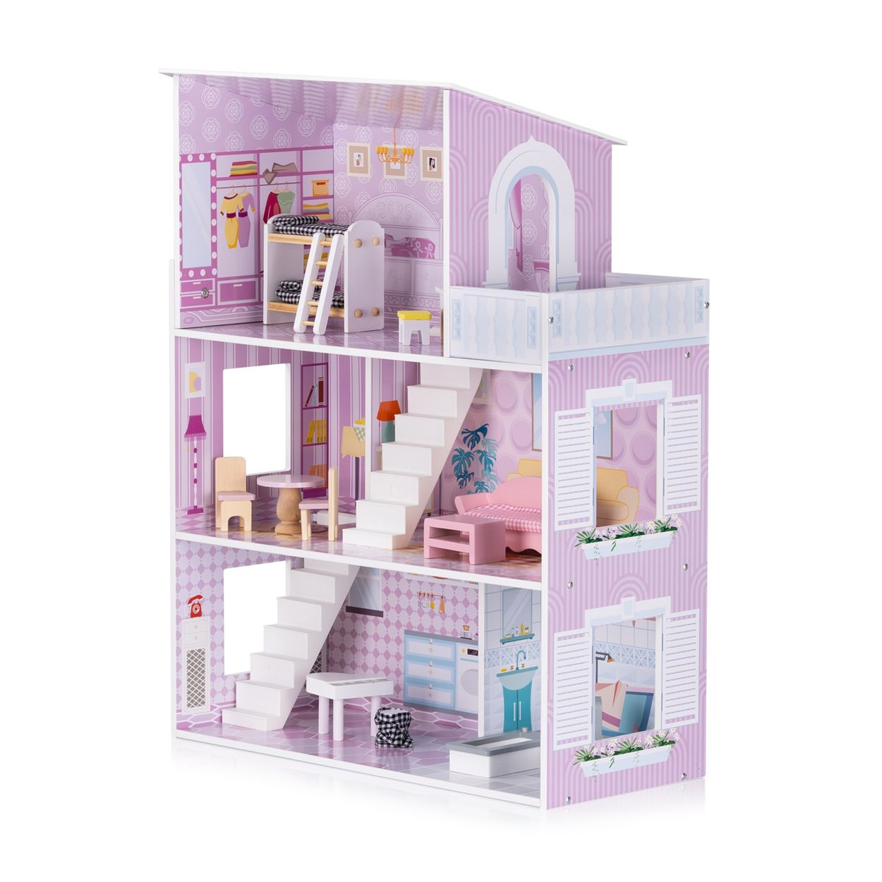 Ein dreistöckiges Puppenhaus aus Holz in Rosa und Weiß mit möblierten Zimmern, Treppen und Balkon.