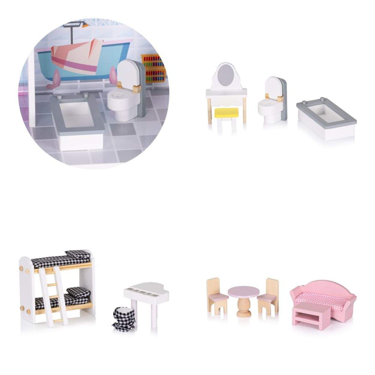 Miniatur-Puppenmöbel aus Holz mit Bad, Schlafzimmer mit Etagenbett, Klavier, Tisch und rosafarbenem Sofa.