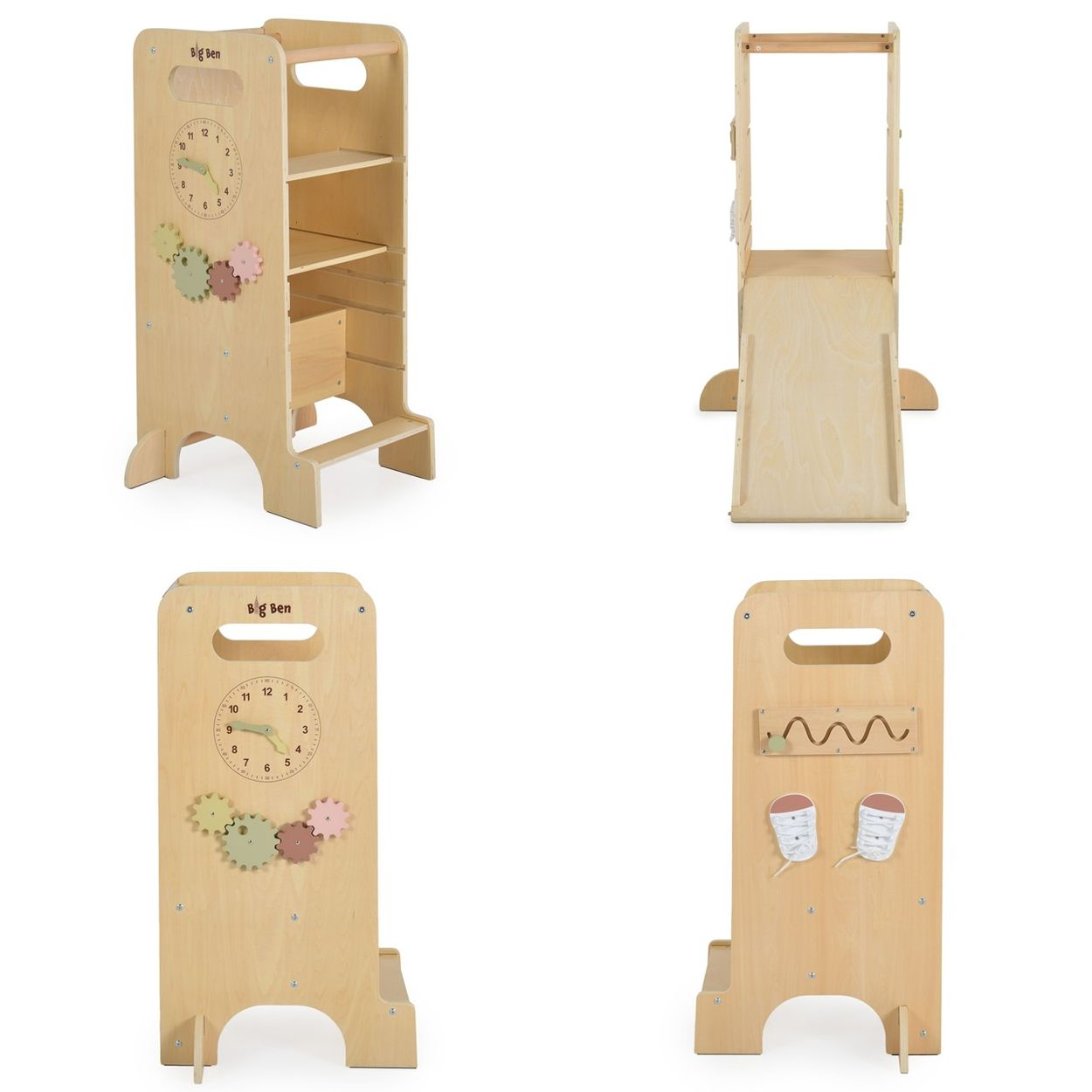Holz-Lernturm mit Uhr, Zahnrädern, Regalen und Schuhen zum Schnüren.