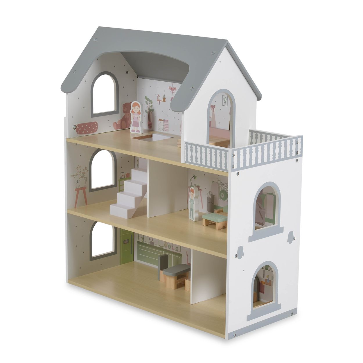 Ein dreistöckiges Puppenhaus aus Holz mit grauem Dach, weißem Rahmen und gedruckten Möbeln.
