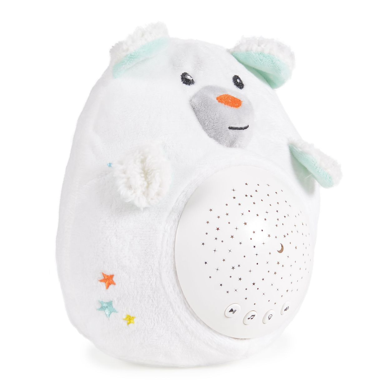 Ein weißer, plüschiger Eisbär mit Projektor auf dem Bauch und bunten Sternenstickereien.
