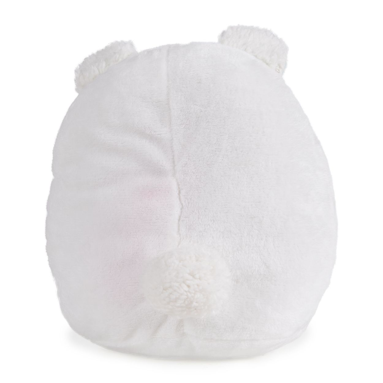 Rückseite eines runden, weißen Kuscheltiers mit zwei kleinen Ohren und einem flauschigen Schwanz.