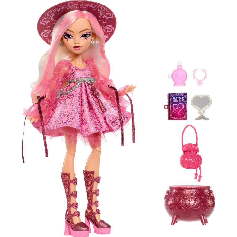 Rosa Püppchen mit pinkem Hut, Kleid, Stiefeln und Zauberzubehör.