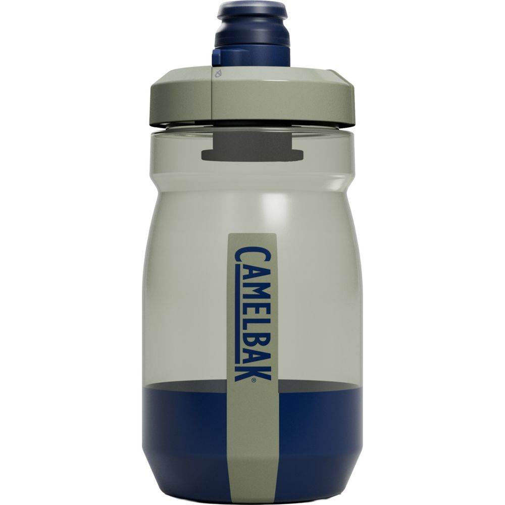 Eine graue und blaue CamelBak-Fahrradflasche mit Logo.