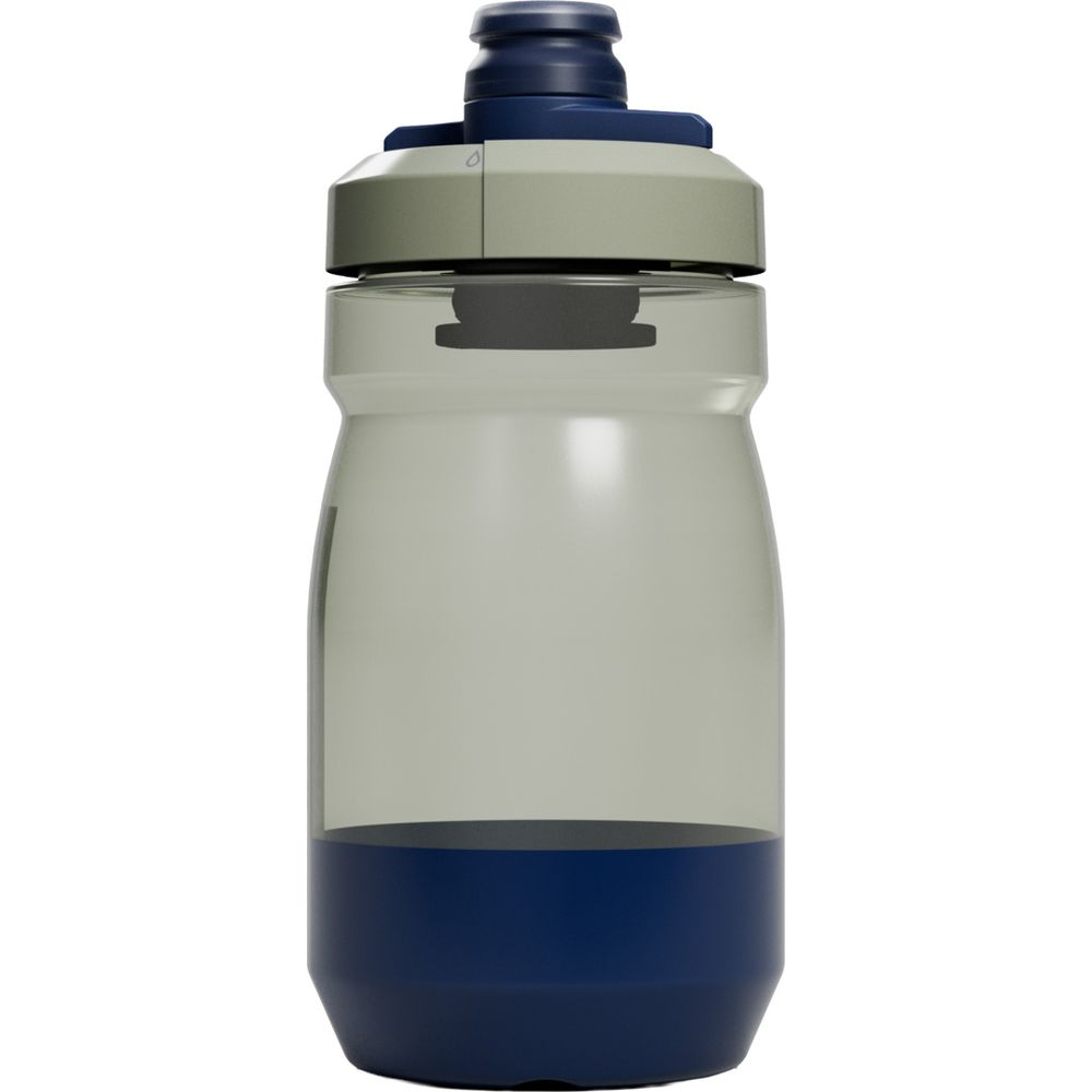 Eine graue Sportflasche mit blauem Deckel und blauem Boden auf weißem Hintergrund.