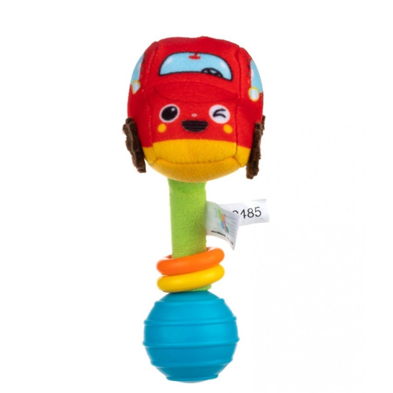 Bunte Babyrassel mit rotem Auto-Gesicht, grünem Griff, gelben Ringen und blauer Kugel.