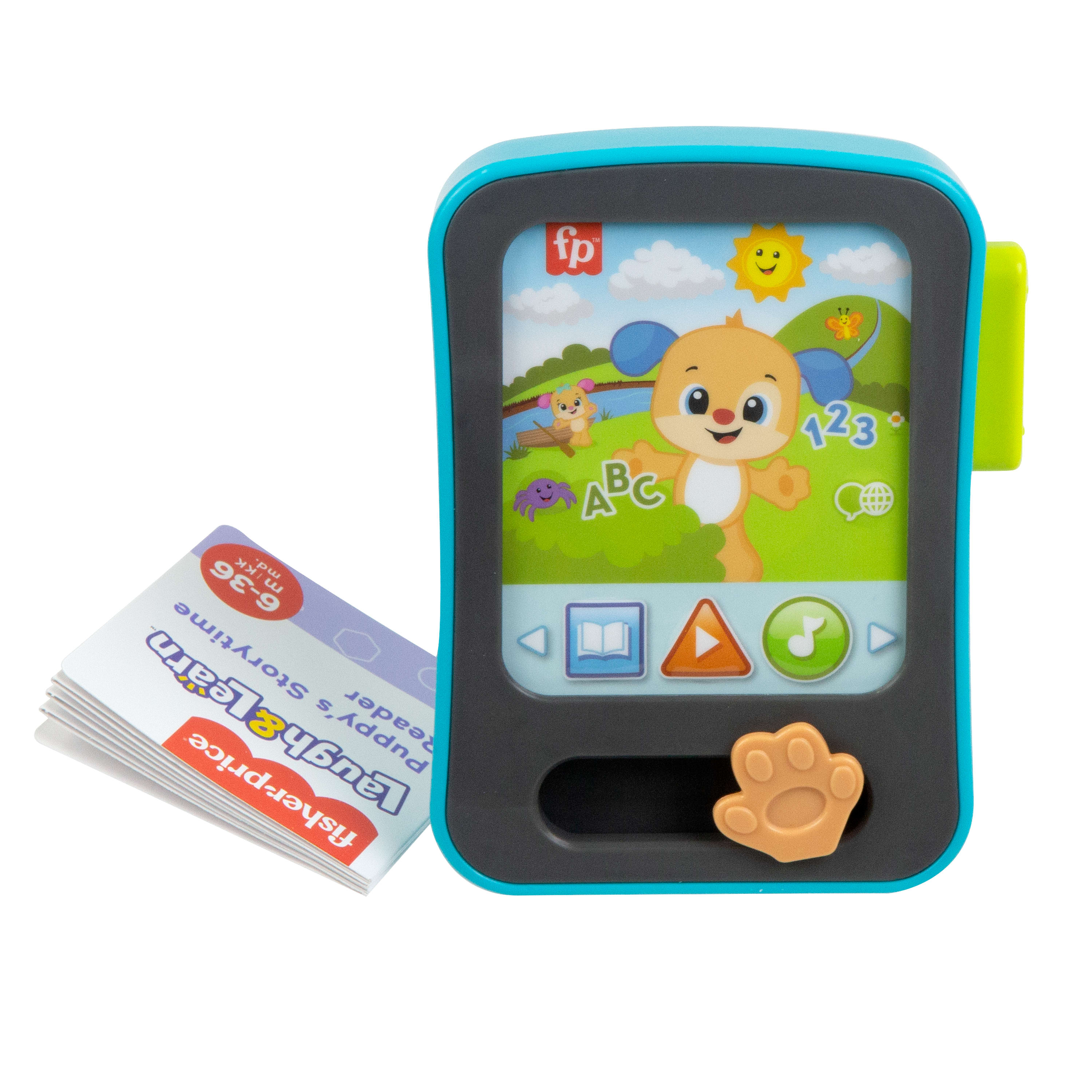 Ein farbenfrohes interaktives Fisher-Price Spielzeug-Tablet mit Welpen-Bildschirm und einer kleinen Anleitung daneben.