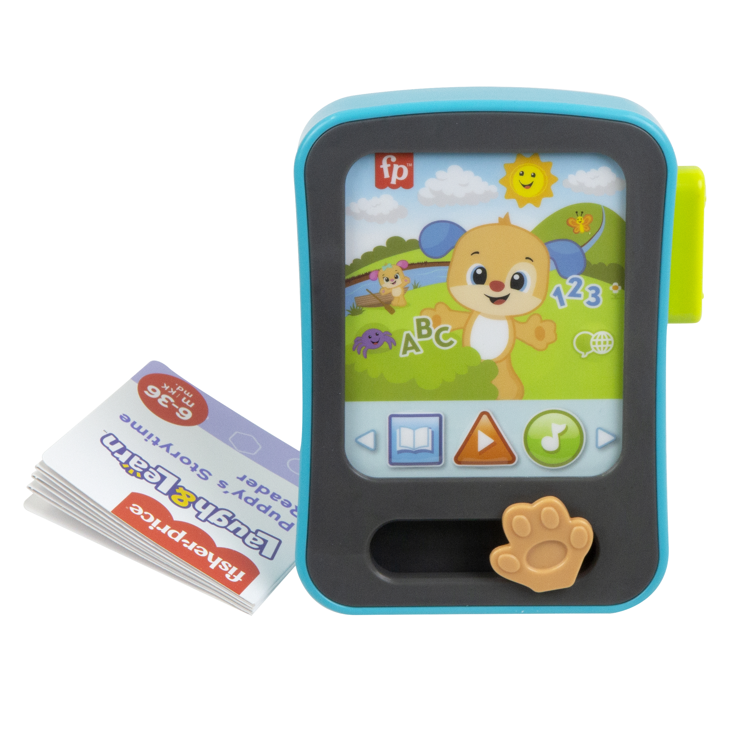 Fisher-Price Lernspielzeug in Tablet-Form mit Bildschirm und passendem Booklet auf weißem Hintergrund.