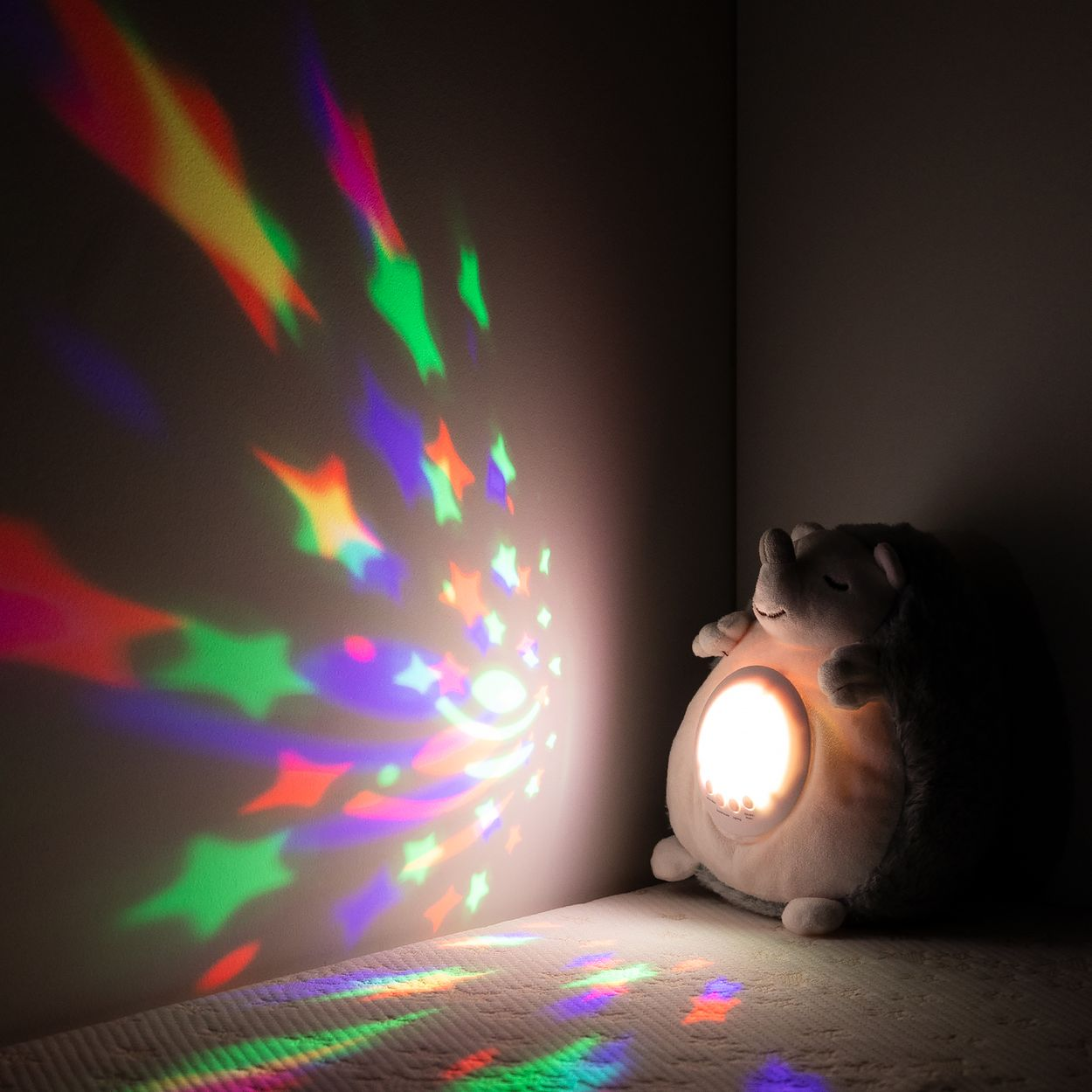 Ein Plüsch-Igel sitzt in einem dunklen Raum und projiziert bunte, sternenartige Lichter an die Wand.