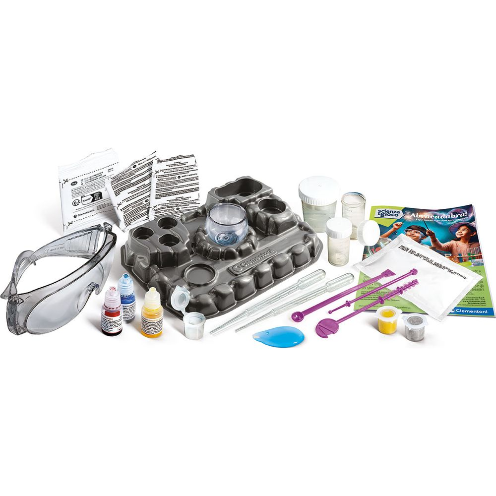 Wissenschafts-Experimentierset mit Schutzbrille, Reagenzgl äsern, Flüssigkeiten, Pulverbeuteln und Anleitungen.