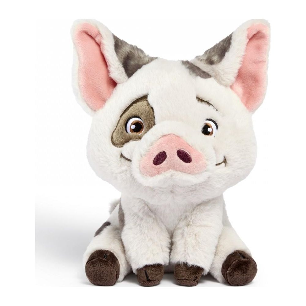 Un cochon enpeluche avec de la fourrure blanche, des taches grises, de grandes oreilles et un museau roses.