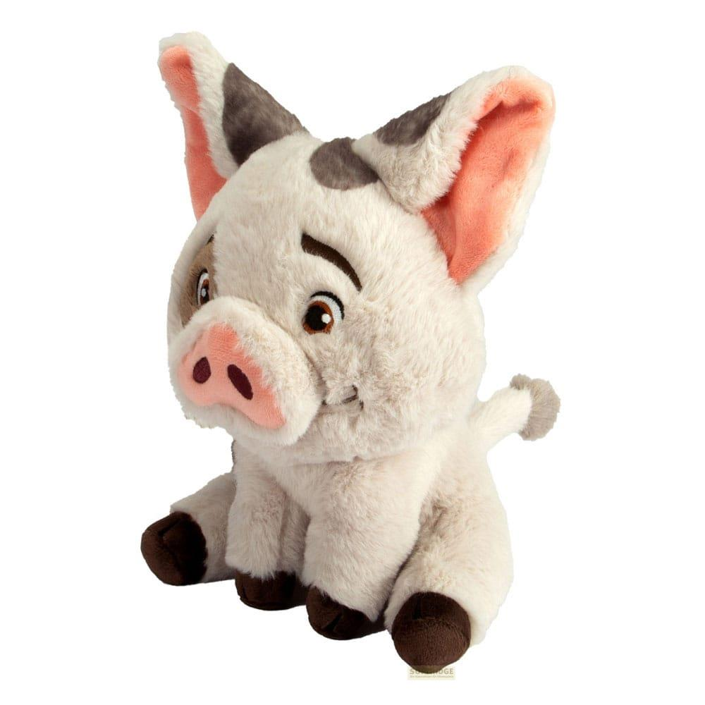 Un cochon en peluche à fourrure blanche, grandes oreilles roses, taches sombres et sabots bruns sur fond blanc.