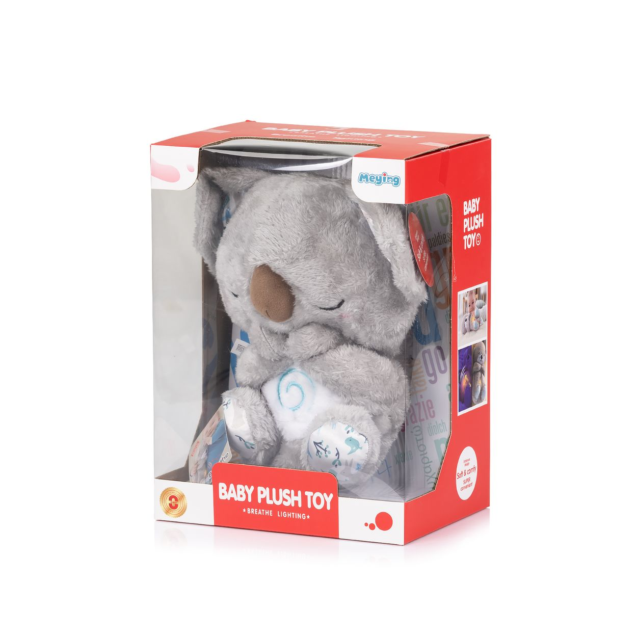 Ein grauer Plüsch-Koala in einer rot-weißen Verpackung, die den Text Baby Plush Toy zeigt.