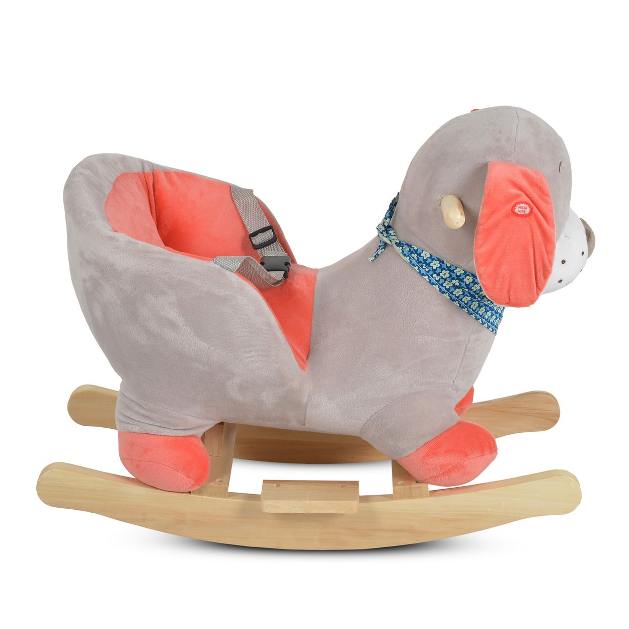 Ein grauer Plüsch-Schaukelhund mit pinkem Sitz, Sicherheitsgurt und Holz-Schaukelkufen.