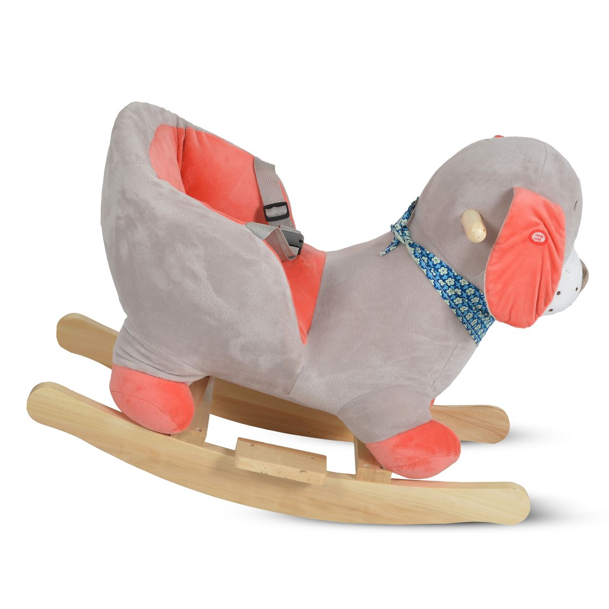 Ein graues und rosa Plüsch-Schaukelpferd in Hundeform auf Holzkufen mit gemustertem Halstuch und sicherem Sitz.