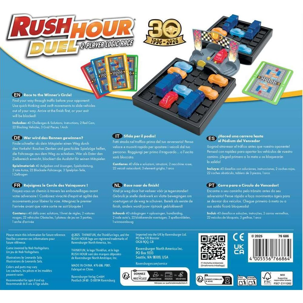 Rush Hour Duel 2-Spieler-Logik-Rennspiel-Schachtel mit Spielfiguren und Text.