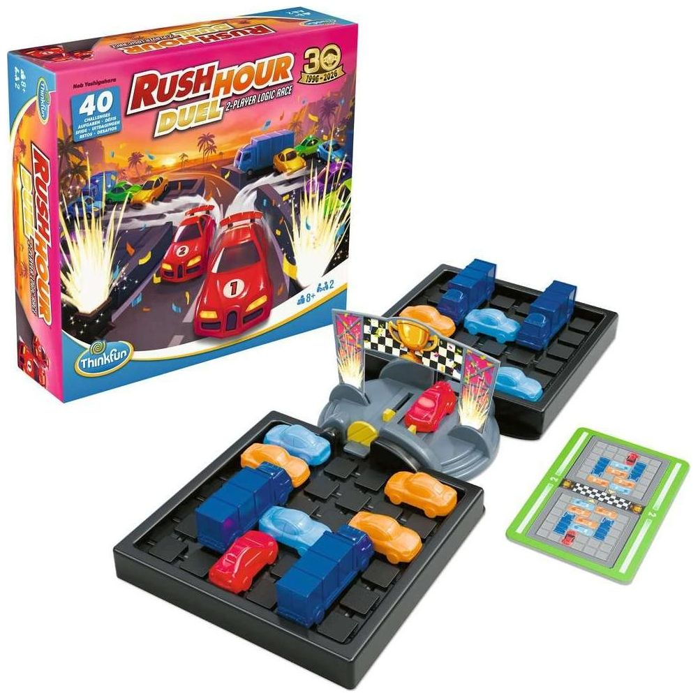 Rush Hour Duel Brettspiel von Thinkfun mit zwei Spielbrem, bunten Autos und einer Spielkarten.