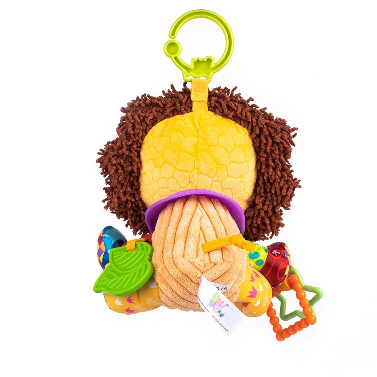 Ein Plüsch-Baby-Spielzeug, das einen Löwen von hinten darstellt, mit brauner Mähne und bunten Beißringen.