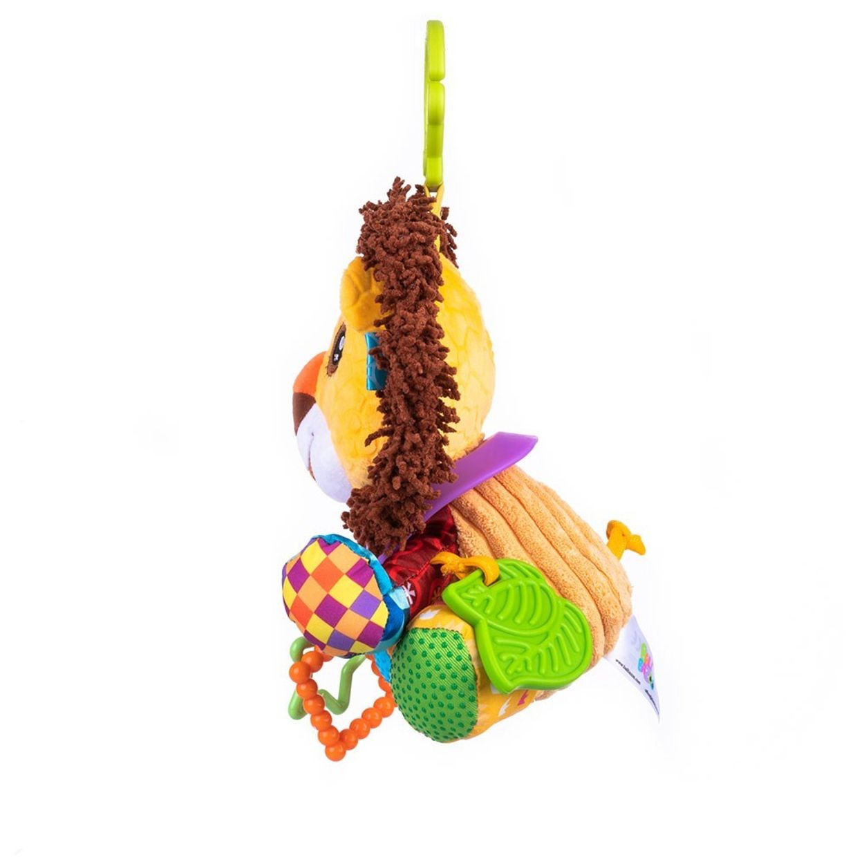 Hängendes Plüschlöwen-Babyspielzeug mit brauner Mähne, bunten Mustern und Greifelementen auf weißem Hintergrund.