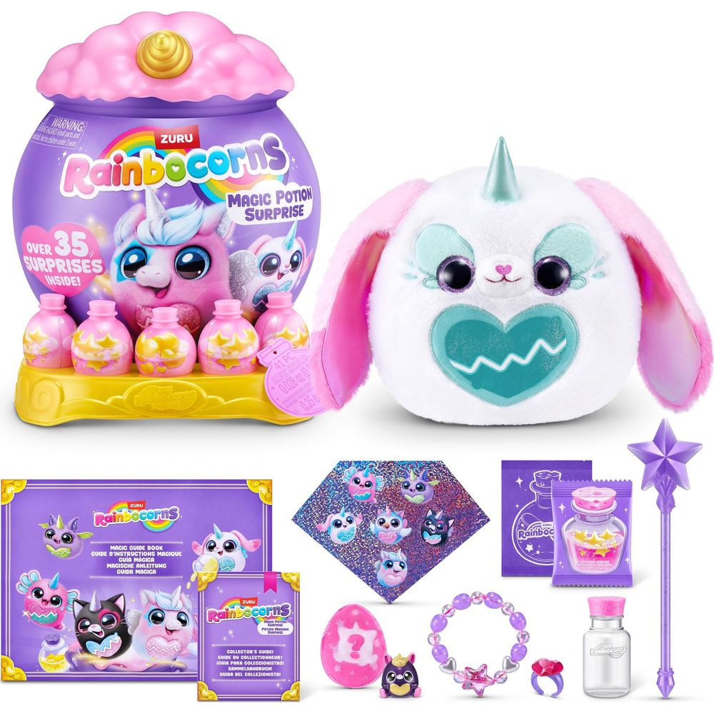 Regenbogen-Überraschungsspielzeug mit Plüschtier, Lila Behälter, Trankfläschchen und Zubehör auf weißem Hintergrund.