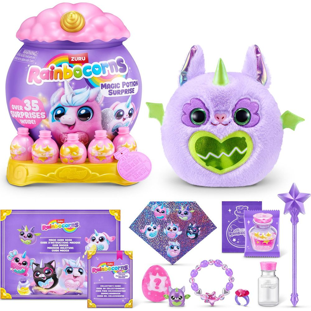 Regenbocorns Magic Potion Surprise Spielset mit Plüschtier, Bechern, Zauberstab und Zubehör auf weißem Grund.