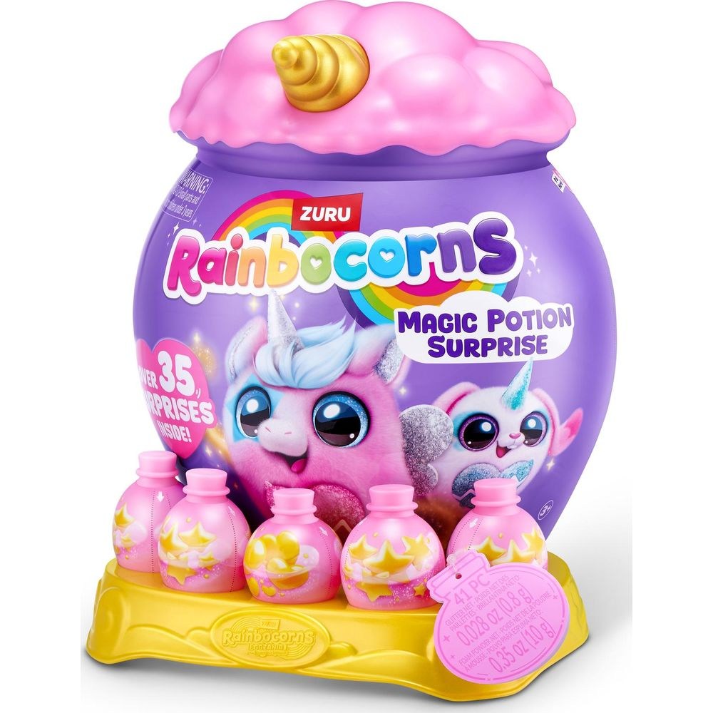 Ein lila Rainbocorns Magic Potion Surprise Spielzeugbehälter mit rosa Zaubertrankfläschchen.
