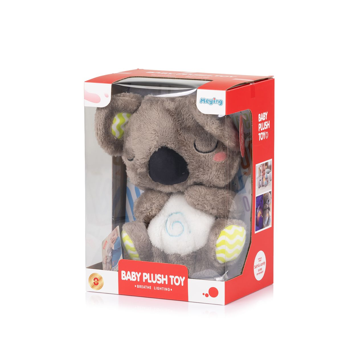 Ein grauer Plüsch-Koala in einer rot-weißen Box mit der Aufschrift Baby Plush Toy.