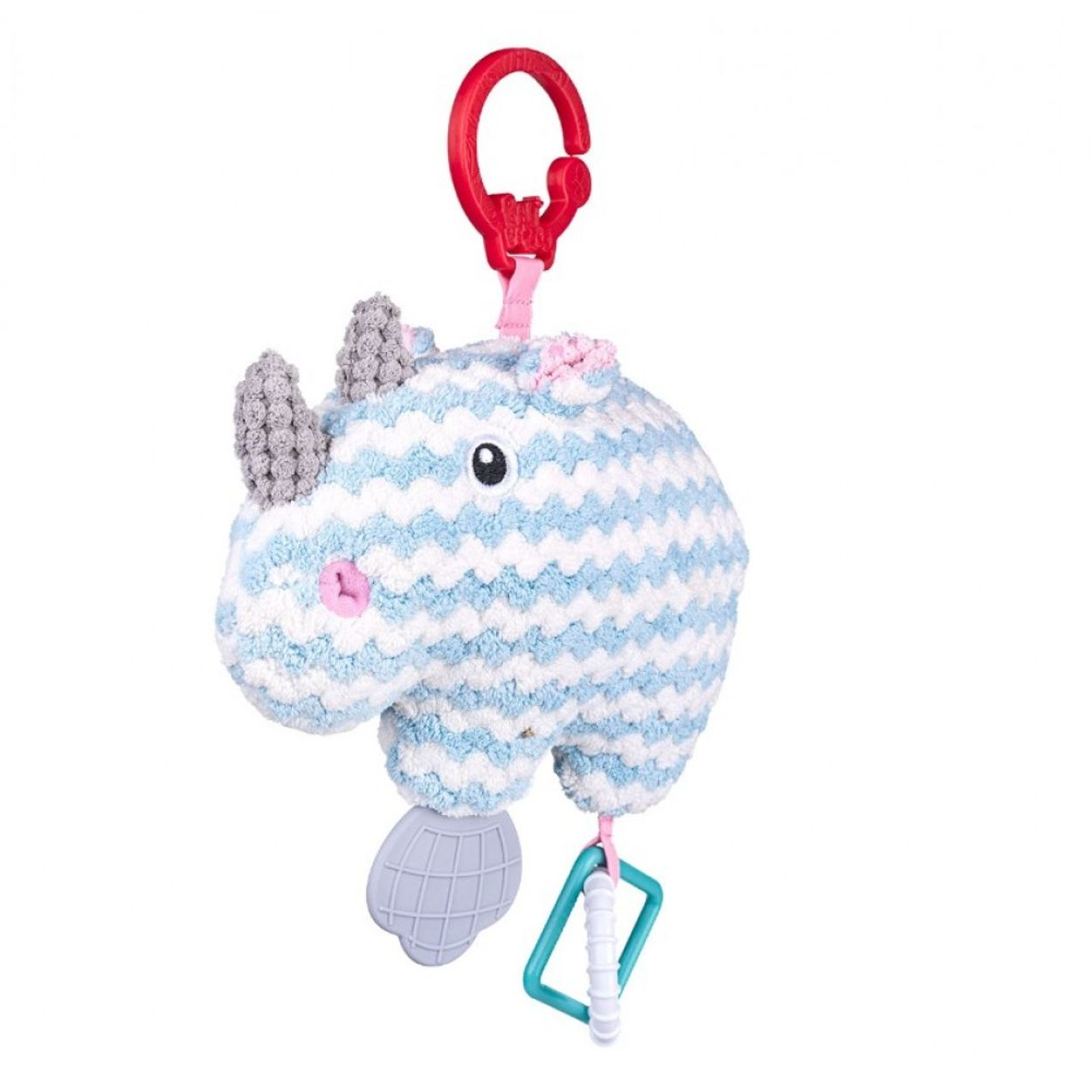 Blaue und weiße Plüsch-Nashorn-Babyspielzeug mit roten Ring und Rasselanhängern.