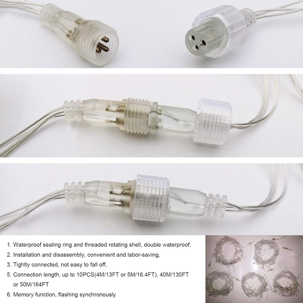 Transparente wasserdichte Stecker und Kabel für Lichterketten mit Installationsanleitung.
