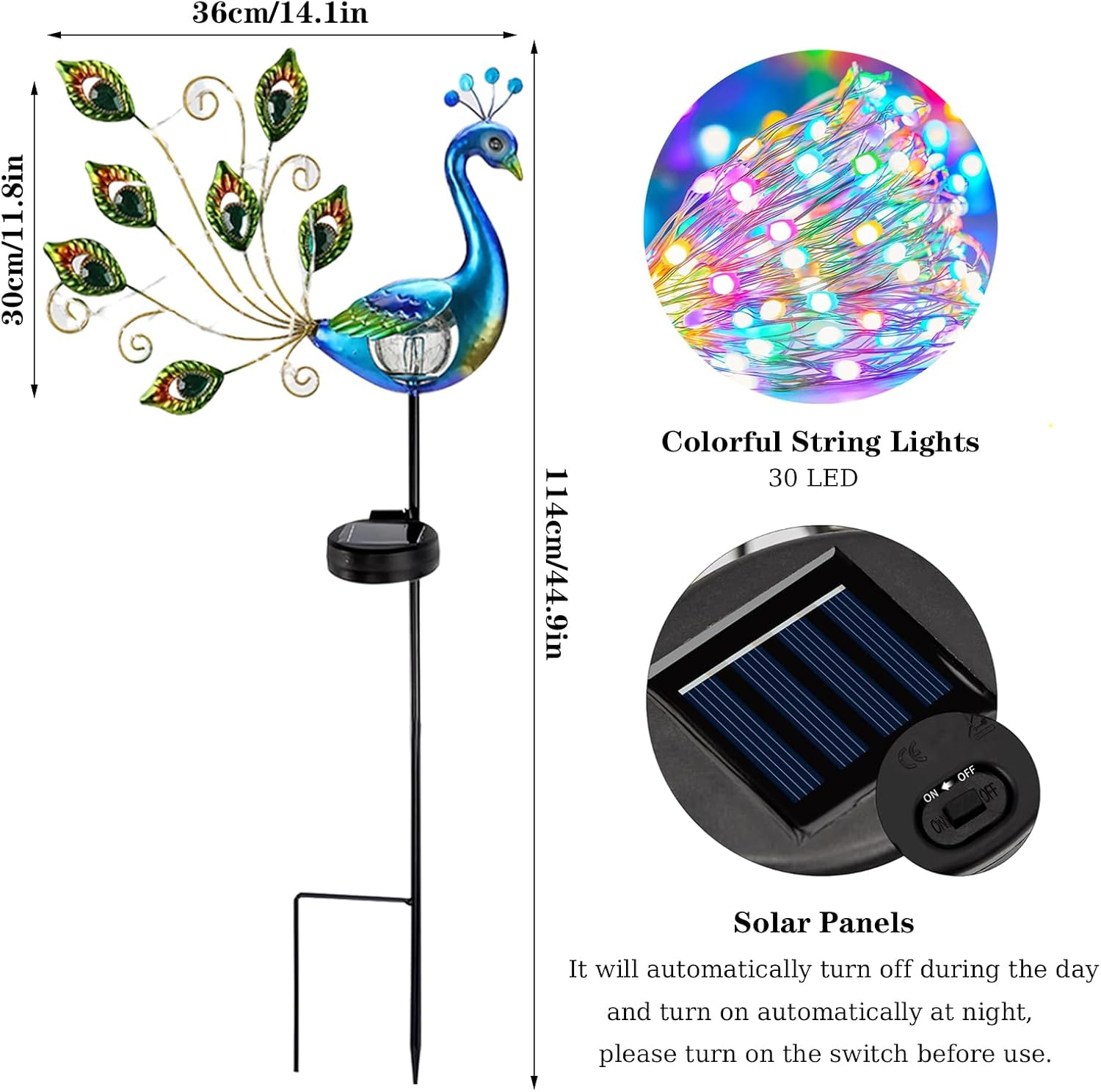 Solargartenstecker als Pfau mit Maßen, 30 bunten LED-Lichterketten und Solarpanel mit Ein-Aus-Schalter.