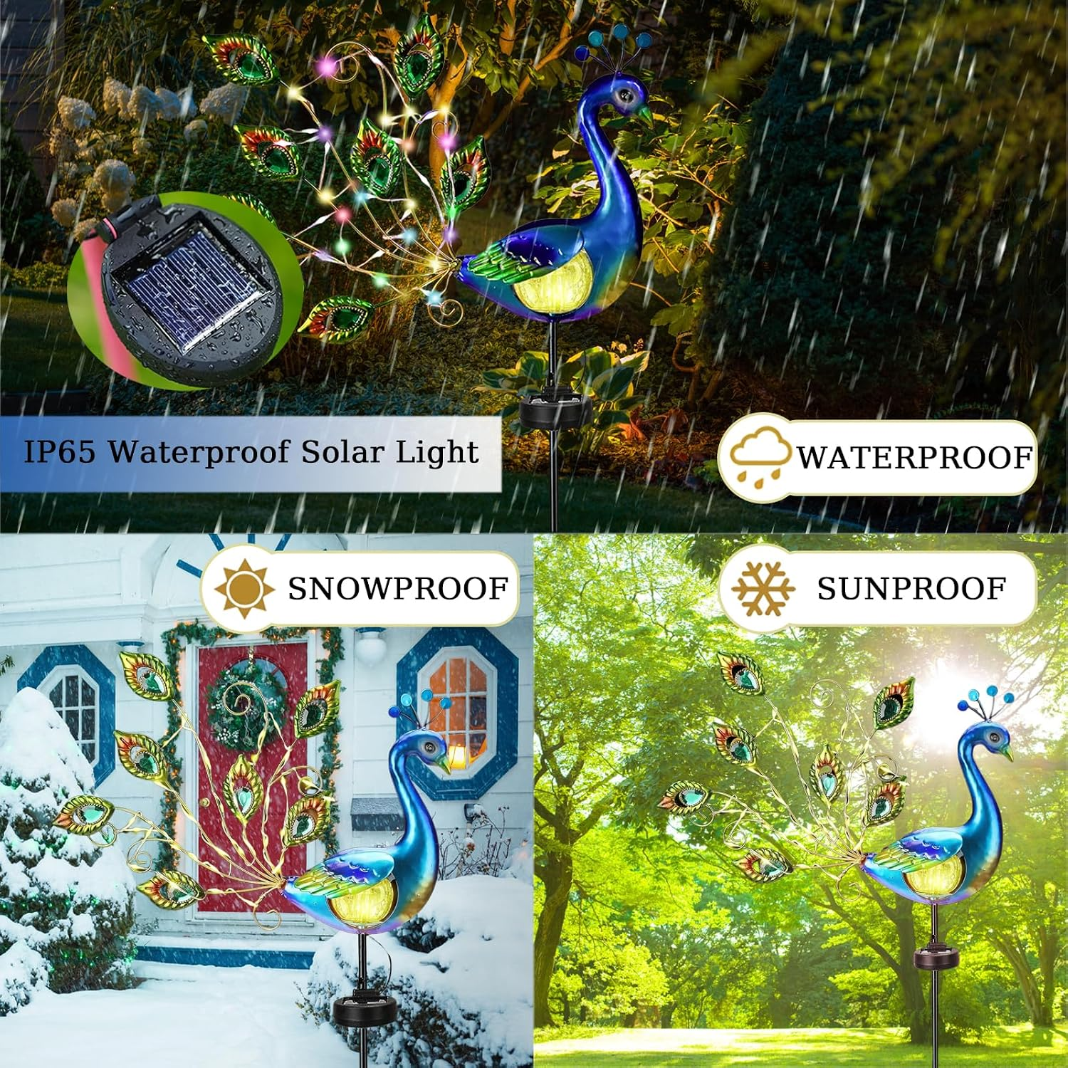 Wetterfeste, solarbetriebene Pfauen-Gartenleuchte in Regen, Schnee und Sonne.