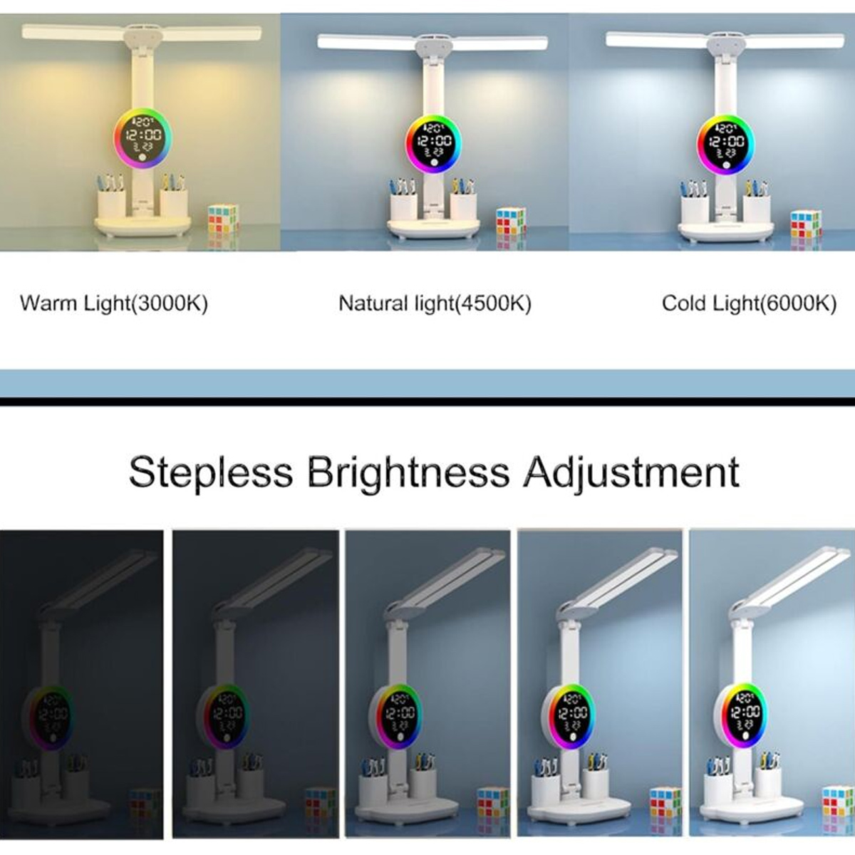 LED-Schreibtischlampe mit Uhr, Stiftehaltern und einstellbarer Lichtfarbe sowie Helligkeit.