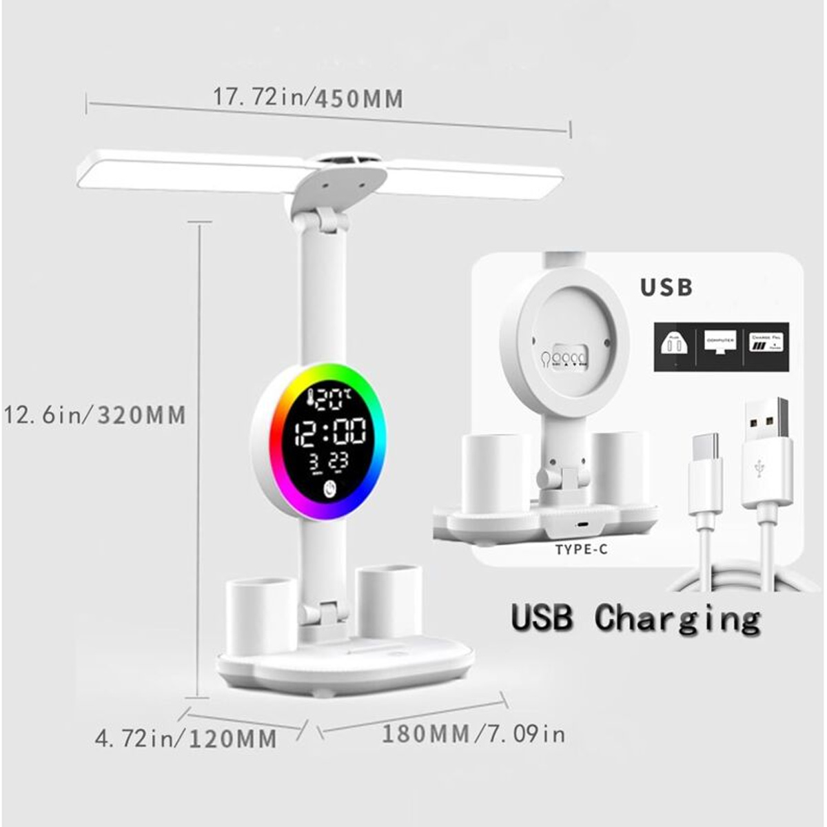 Weiße LED-Schreibtischlampe mit Uhr, Stiftehaltern und USB-Ladefunktion, inklusive Maßangaben.