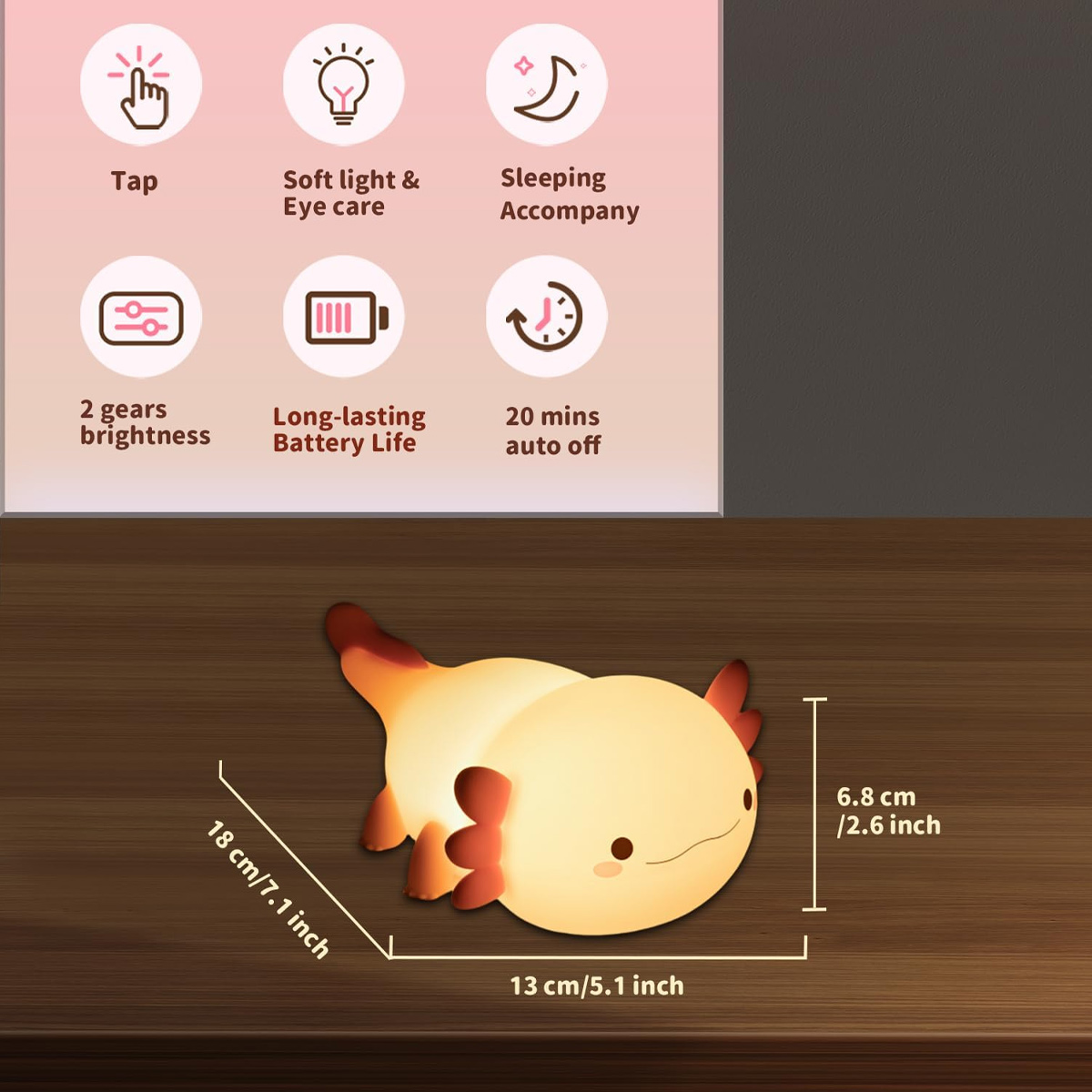 Ein gelbes Axolotl-Nachtlicht auf Holz mit Maßen und Icons für Funktionen oben.