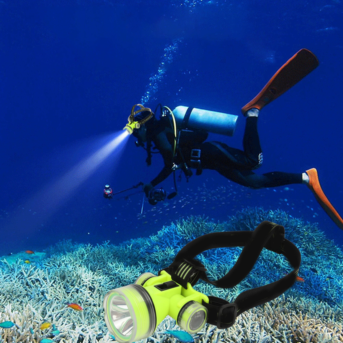 Ein gelber Tauchscheinwerfer liegt im Vordergrund vor Korallen, während im Hintergrund ein Taucher schwimmt.